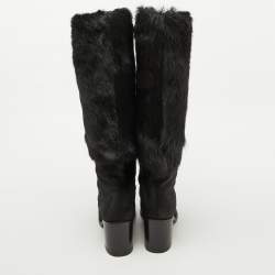 Chanel Black Calf Hair Block Heel Calf Length Boots Size 37