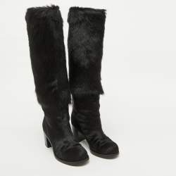 Chanel Black Calf Hair Block Heel Calf Length Boots Size 37