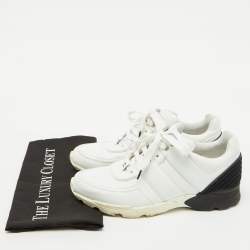 Pre Owned Chanel White/Black Leather and Fabric CC Low Top Sneakers Size 40