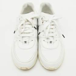 Pre Owned Chanel White/Black Leather and Fabric CC Low Top Sneakers Size 40