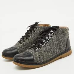 Chanel Grey/Black Tweed and Leather CC Cap Toe High Top Sneakers Size 39.5