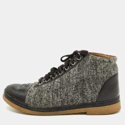 Chanel Grey/Black Tweed and Leather CC Cap Toe High Top Sneakers Size 39.5