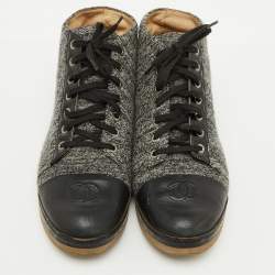 Chanel Grey/Black Tweed and Leather CC Cap Toe High Top Sneakers Size 39.5