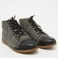 Chanel Grey/Black Tweed and Leather CC Cap Toe High Top Sneakers Size 39.5