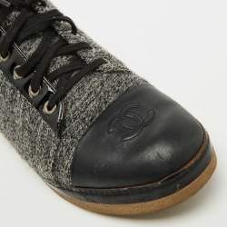 Chanel Grey/Black Tweed and Leather CC Cap Toe High Top Sneakers Size 39.5