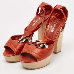 Chanel Dark Orange Leather CC Detail Ankle Strap Platform Sandals Size 37.5