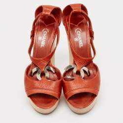 Chanel Dark Orange Leather CC Detail Ankle Strap Platform Sandals Size 37.5