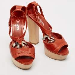 Chanel Dark Orange Leather CC Detail Ankle Strap Platform Sandals Size 37.5