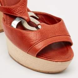 Chanel Dark Orange Leather CC Detail Ankle Strap Platform Sandals Size 37.5