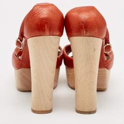 Chanel Dark Orange Leather CC Detail Ankle Strap Platform Sandals Size 37.5