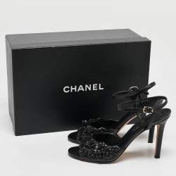 Pre Owned Chanel Black Leather Camellia Applique Ankle Strap Sandals Size 39.5
