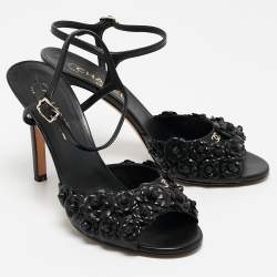Pre Owned Chanel Black Leather Camellia Applique Ankle Strap Sandals Size 39.5
