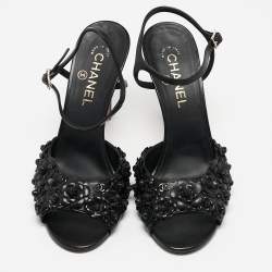 Pre Owned Chanel Black Leather Camellia Applique Ankle Strap Sandals Size 39.5
