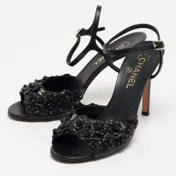 Pre Owned Chanel Black Leather Camellia Applique Ankle Strap Sandals Size 39.5