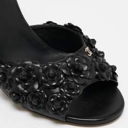 Pre Owned Chanel Black Leather Camellia Applique Ankle Strap Sandals Size 39.5