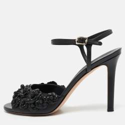 Pre Owned Chanel Black Leather Camellia Applique Ankle Strap Sandals Size 39.5