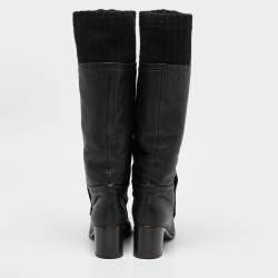 Pre Owned Chanel Black Fabric and Leather Knee Length Boots Size 39
