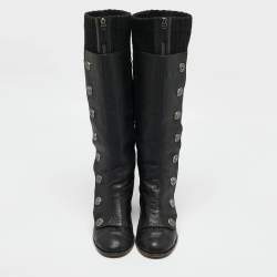 Pre Owned Chanel Black Fabric and Leather Knee Length Boots Size 39