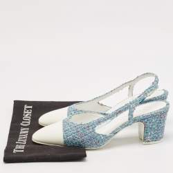Pre Owned Chanel Blue/White Tweed and Patent Leather Cap Toe CC Slingback Pumps Size 39.5