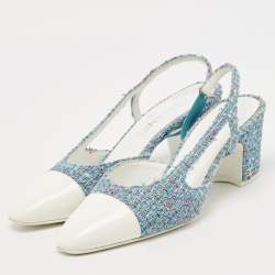 Pre Owned Chanel Blue/White Tweed and Patent Leather Cap Toe CC Slingback Pumps Size 39.5