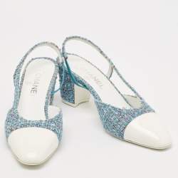 Pre Owned Chanel Blue/White Tweed and Patent Leather Cap Toe CC Slingback Pumps Size 39.5