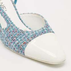 Pre Owned Chanel Blue/White Tweed and Patent Leather Cap Toe CC Slingback Pumps Size 39.5