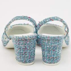 Pre Owned Chanel Blue/White Tweed and Patent Leather Cap Toe CC Slingback Pumps Size 39.5