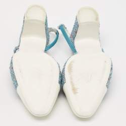 Pre Owned Chanel Blue/White Tweed and Patent Leather Cap Toe CC Slingback Pumps Size 39.5