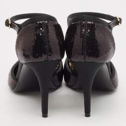Chanel Black Sequins and Grosgrain Cap Toe CC Ankle Strap Pumps Size 39.5