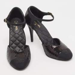 Chanel Black Sequins and Grosgrain Cap Toe CC Ankle Strap Pumps Size 39.5