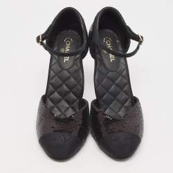 Chanel Black Sequins and Grosgrain Cap Toe CC Ankle Strap Pumps Size 39.5