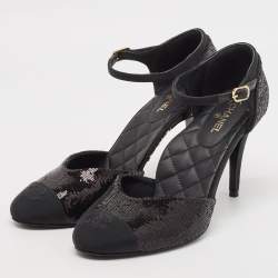 Chanel Black Sequins and Grosgrain Cap Toe CC Ankle Strap Pumps Size 39.5
