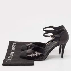 Chanel Black Sequins and Grosgrain Cap Toe CC Ankle Strap Pumps Size 39.5