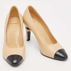 Pre Owned Chanel Beige/Black Leather Faux Pearl Cap Toe Pumps Size 39.5
