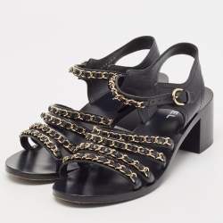 Chanel Black Leather CC Chain Detail Ankle Strap Sandals Size 39