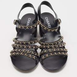 Chanel Black Leather CC Chain Detail Ankle Strap Sandals Size 39