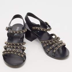 Chanel Black Leather CC Chain Detail Ankle Strap Sandals Size 39