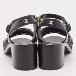 Chanel Black Leather CC Chain Detail Ankle Strap Sandals Size 39