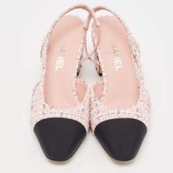 Pre Owned Chanel Pink/Black Tweed and Grosgrain Cap Toe CC Slingback Pumps Size 39.5