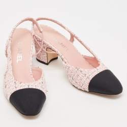 Pre Owned Chanel Pink/Black Tweed and Grosgrain Cap Toe CC Slingback Pumps Size 39.5