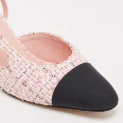 Pre Owned Chanel Pink/Black Tweed and Grosgrain Cap Toe CC Slingback Pumps Size 39.5