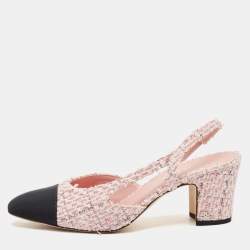 Pre Owned Chanel Pink/Black Tweed and Grosgrain Cap Toe CC Slingback Pumps Size 39.5