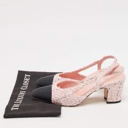 Pre Owned Chanel Pink/Black Tweed and Grosgrain Cap Toe CC Slingback Pumps Size 39.5