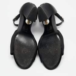 Pre Owned Chanel Black Leather and Grosgrain Faux Pearl CC Ankle Strap Sandals Size 38.5