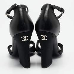 Pre Owned Chanel Black Leather and Grosgrain Faux Pearl CC Ankle Strap Sandals Size 38.5