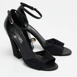 Pre Owned Chanel Black Leather and Grosgrain Faux Pearl CC Ankle Strap Sandals Size 38.5