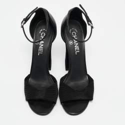 Pre Owned Chanel Black Leather and Grosgrain Faux Pearl CC Ankle Strap Sandals Size 38.5