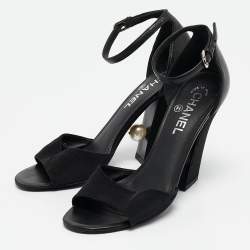 Pre Owned Chanel Black Leather and Grosgrain Faux Pearl CC Ankle Strap Sandals Size 38.5