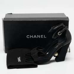 Pre Owned Chanel Black Leather and Grosgrain Faux Pearl CC Ankle Strap Sandals Size 38.5