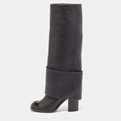 Chanel Black Patent and Leather CC Cap Toe Fold Over High Boots Size 38.5